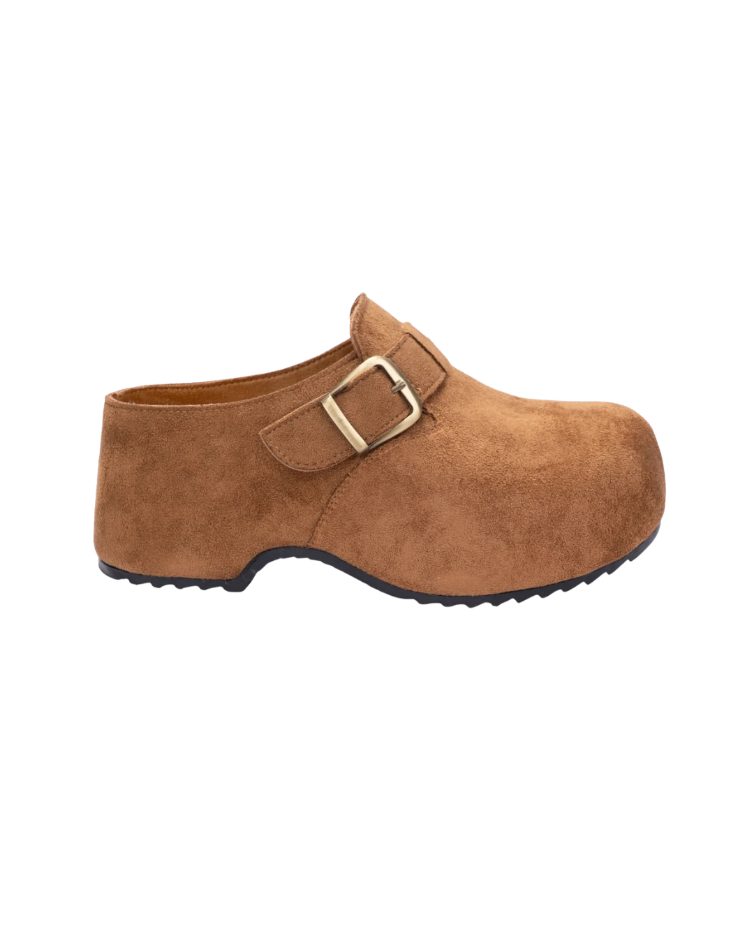 Camel Suede Buckle Clogs