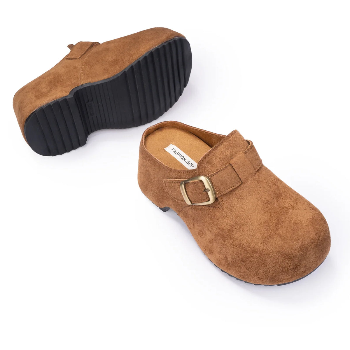 Camel Suede Buckle Clogs